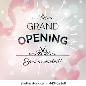 Grand opening poster with confetti, curving ribbons and blurred bokeh background. Vector illustration