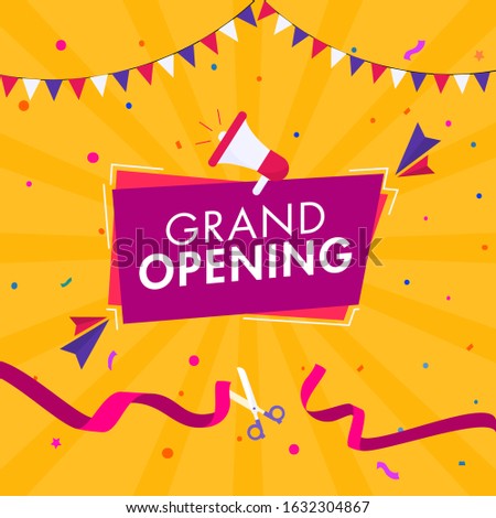 Grand Opening Poster Design with Loudspeaker and Ribbon Cutting Scissor on Yellow Rays Background.