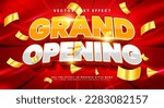 Grand opening poster with gold confetti and the words grand opening on red background