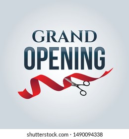 Grand opening poster mock-up with silver scissors cutting red ribbon isolated on white background, design announcement template. Editable and movable objects