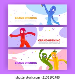 Grand opening posters with dancing inflatable tube men. Vector horizontal banners of event launch or shop open ceremony with cartoon funny air dancers with blowing wind