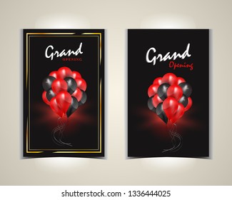 Grand Opening Posters. Typographic design with realistic red and black glossy balloons. Festive dark background with flying  balloons. Vector illustration. 