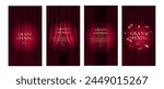 Grand Opening. Premium vertical banner set with red curtain and golden text. Vector illustration	
