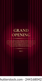 Grand Opening. Premium vertical banner with red curtain and golden text. Vector illustration