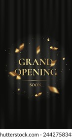 Grand Opening. Premium vertical banner with black curtain, golden text, foil confetti and glitter. Vector illustration