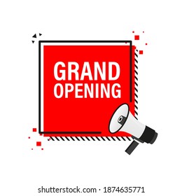 Grand opening red banner in 3D style on white background. Vector illustration.