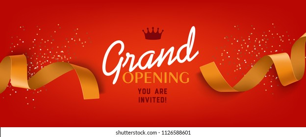 Grand opening red banner design with gold ribbon, crown and confetti. Festive template can be used for invitation cards, flyers, posters.