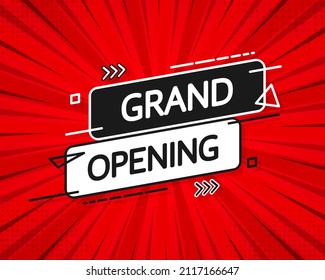 Grand opening red banner in flat style on red background. Vector illustration
