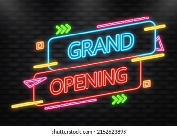 Grand opening red banner in neon style on dark background. Vector illustration.