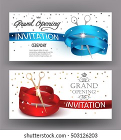 Grand opening red and blue curly ribbons and scissor. Horizontal banners. Vector illustration