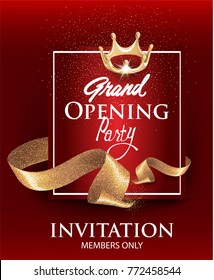 Grand opening red card with gold sparkling ribbons. Vector illustration