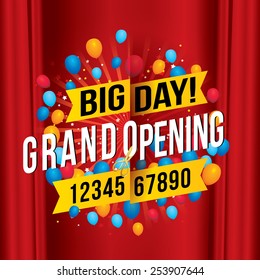 Grand opening with red curtain background. Vector illustration