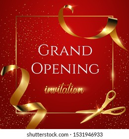 Grand opening red invitation vector banner. Mall, store sales promotional poster. Shiny scissors cutting golden ribbon 3D realistic illustration. Serpentine with gradient effect. Advertising campaign