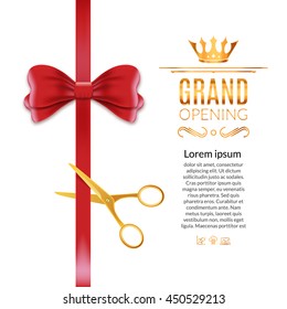 Grand Opening red ribbon and bow. Open ceremony scissor ribbon cut white background isolated