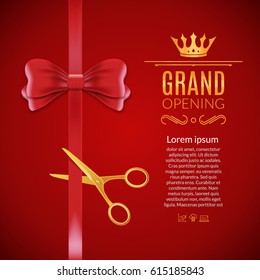 Grand Opening red ribbon and bow. Open ceremony scissor ribbon cut background.