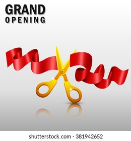 Grand opening with red ribbon and gold scissors