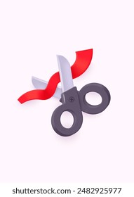 Grand opening with red ribbon and scissors. A businessman's hand holds scissors cuts a red ribbon on a light background. 3D Web Vector Illustrations.