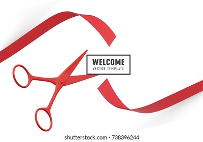 Grand Opening with red Ribbon and Scissors. Welcome ribbon cutting Vector template