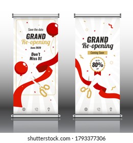Grand opening red rollup banner design with gold ribbon, crown and confetti. Festive template.  Vector illustration.