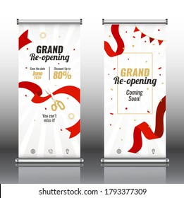 Grand opening red rollup banner design with gold ribbon, crown and confetti. Festive template.  Vector illustration.