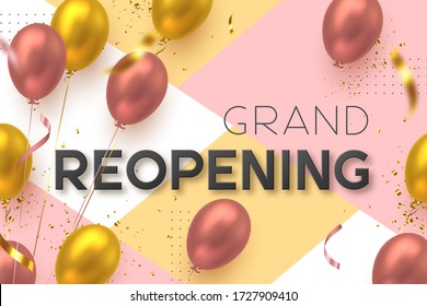 Grand opening, reopening ceremony vector banner. Realistic glossy balloons and confetti with 3d text. Opening template.