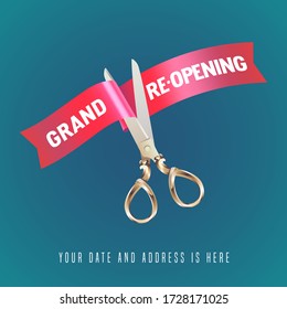 Grand opening or re-opening soon vector banner, illustration. Nonstandard design element for scissors and red ribbon cutting for opening or reopening ceremony