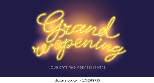 Grand opening and re-opening vector banner, illustration, background. Design element with electric light sign with original lettering for opening and reopening event, ceremony, advertising