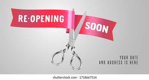 Grand opening or re-opening vector banner, illustration. Nonstandard design element for scissors and red ribbon cutting for opening or reopening ceremony