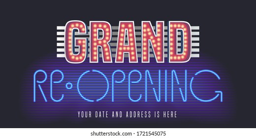 Grand opening or reopening vector banner, poster, illustration, flyer, invitation. Unusual design element with retro, vintage, 60s and neon lettering for opening or re-opening ceremony