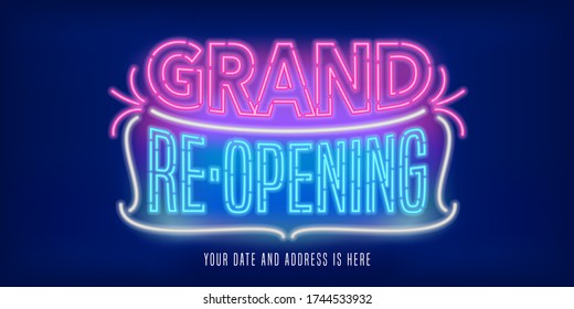 Grand opening or reopening vector banner, poster, illustration. Unusual design element with retro, 60s neon sign for opening or re-opening ceremony