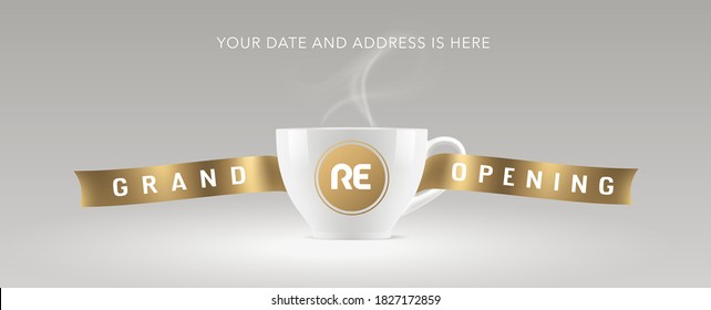 Grand opening or re-opening vector banner, illustration. Elegant template design element with coffee cup for opening or reopening of coffee shop