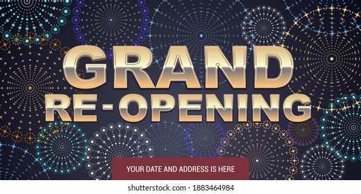Grand opening or re-opening vector banner, illustration. Elegant template design element with fireworks for opening or reopening ceremony