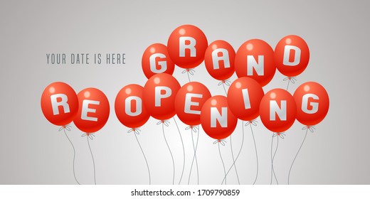 Grand opening and re-opening vector illustration, background for new store, club, etc with air balloons. Template poster, banner for opening or reopening ceremony