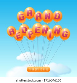 Grand opening or re-opening vector illustration, background with balloons. Template poster, banner for opening or reopening event