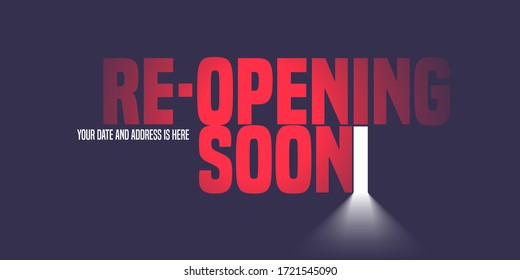 Grand opening or reopening vector illustration, background with open door. Template banner, design element for openingor re-opening event