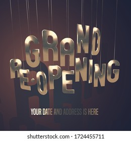 Grand opening or re-opening vector illustration, banner. Design element with elegant golden sign for grand opening or reopening ceremony