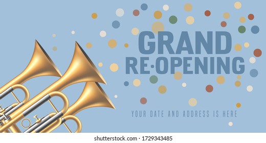 Grand opening or re-opening vector illustration, banner, background. Design element with gold sign, trumpet and template bodycopy for opening or reopening poster