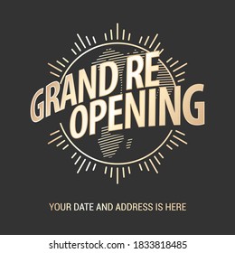 Grand opening or re-opening vector illustration, background with trumpets. Template poster, banner for opening or reopening event