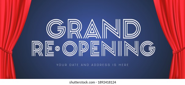 Grand opening or re-opening vector illustration, background with sign and red curtains. Template poster, banner, design element for opening or reopening event