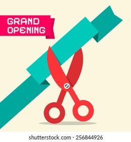 Grand Opening Retro Flat Design Vector Illustration with Scissors and Paper Ribbon