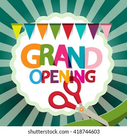 Grand Opening Retro Illustration with Flags and Scissors on Retro Green Background