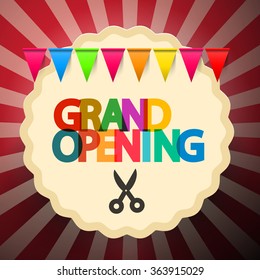 Grand Opening Retro Vector Illustration with Scissors and Colorful Flags on Rounded Label
