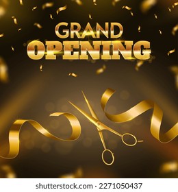 Grand opening ribbon cutting ceremony. Golden scissors cut ribbon, launching of new business luxury celebration event vector banner illustration. Announcements of new shop or party