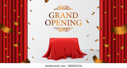 Grand Opening royal elegant surprise with satin fabric cloth curtain and cover box and golden confetti with white background