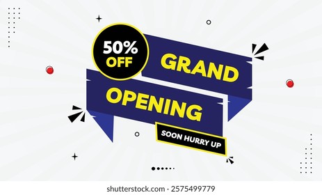 Grand Opening Sale Banner - 50% Off! Shop Now with Stunning Element Shapes Template in Yellow, Black, Purple, and White Gradient Background