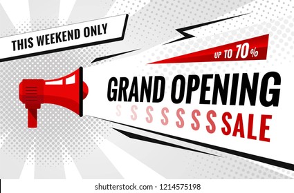 Grand Opening Sale Banner. Sale Poster With Geometric Shapes And Megaphone.  Vector Background In Pop Art Style.  Vector Illustration.