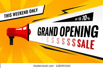 Grand opening sale banner. Sale poster with geometric shapes and megaphone.  Vector background in pop art style.  Vector illustration.