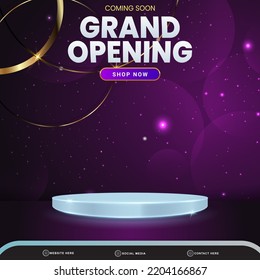 grand opening sale banner social media template post with blank space 3d podium for product with abstract purple gradient background design