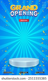 grand opening sale discount portait template banner with blank space 3d podium for social media post product sale with abstract gradient blue background design70