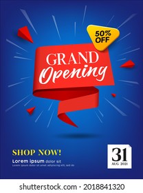 Grand Opening Sale Red Paper Design On Blue Background, Eps 10 Vector Illustration